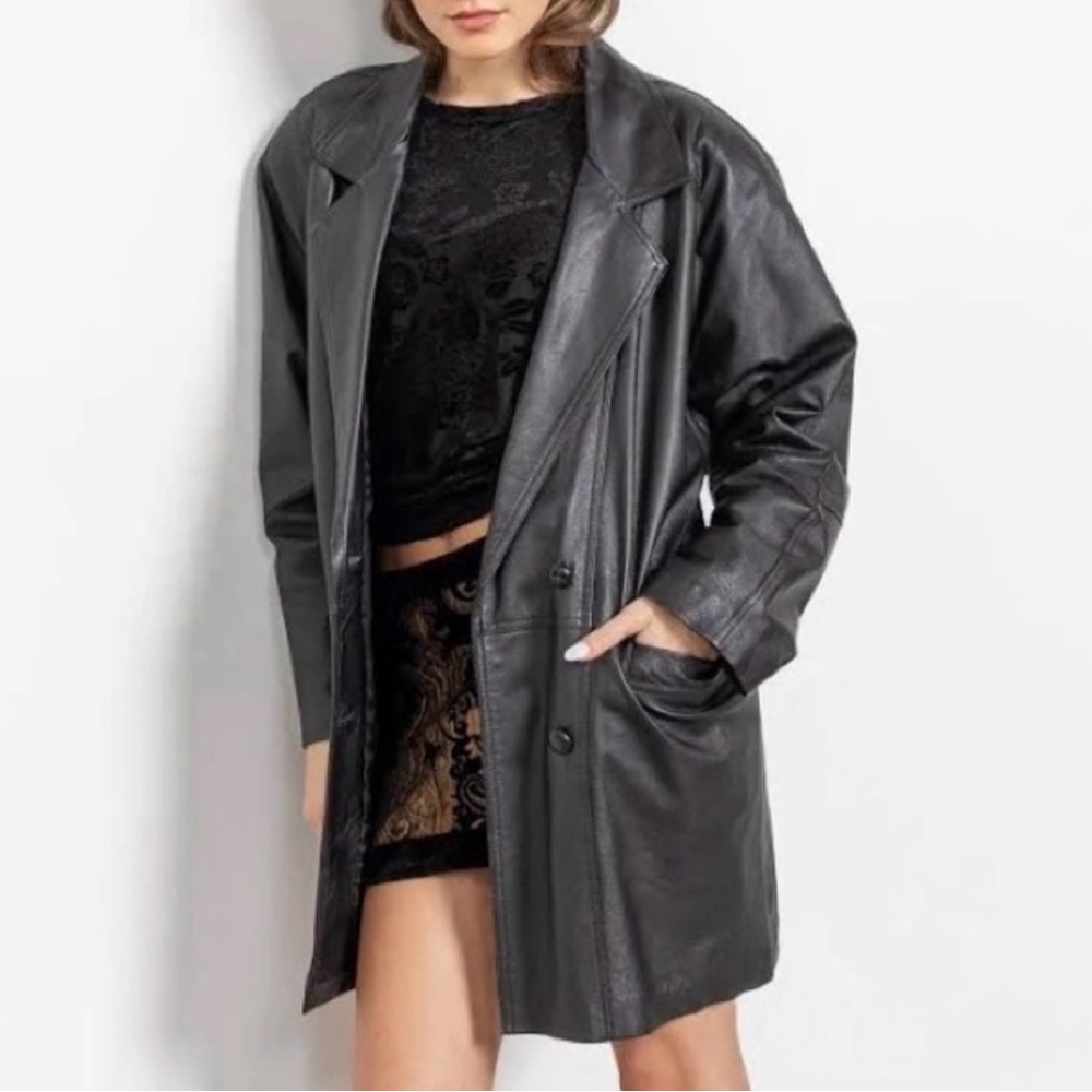 Vintage Black Leather Notched Double-Breasted Jacket